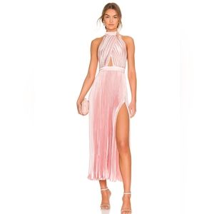 Plisse Satin Backless Halter Neck Renaissance Split Midi Dress Light Pink L'IDEE